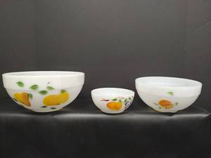 lot 240 image: Vintage Fire King Hand Painted Fruit Pattern Mixing Bowl Set, Made in USA