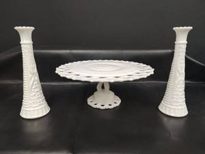 lot 242 image: Vintage Elegant Milk Glass Cake Stand , 11 inch dia. and Bud Vase Set