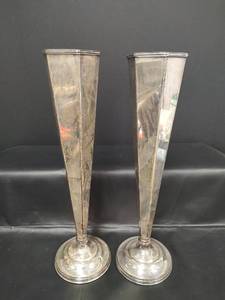 lot 258 image: Paul Revere Sheffield Co. Boston Silver Trumpet Vases, 16.5in tall. Handcrafted Pieces Marked with Pattern No. 700