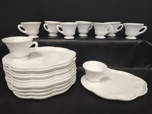 lot 259 image: Vintage White Milk Glass Grape Pattern Snack Trays, Qty 12 and Cups, Qty 9