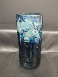 lot 262 image: Stacy Hall 1999 Handcrafted Art Glass Vase, 10.5in tall, Swirling Blue and Turquoise with Textured Surface
