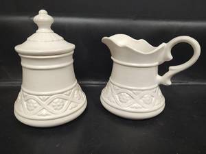 lot 263 image: Vintage Royal Haeger White Ceramic Glazed Pitcher and Container with Lid