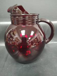 lot 264 image: Vintage Ruby Red Glass Pitcher with Ribbed Handle