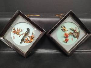 lot 294 image: Vintage Traditional Chinese Framed Wheat Straw Art Pieces Depicting Birds and Flowers