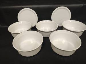 lot 301 image: Corning Ware F-16-B White Cups Set, Qty 5, 2 Lids