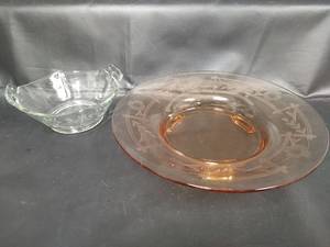 lot 322 image: Vintage Amber Depression Glass Bowl and Clear Glass Crystal Bowl with Handles