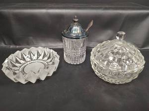 lot 324 image: Vintage Cut Crystal Serving Set with Silver-Plated Jar with Lid and Spoon