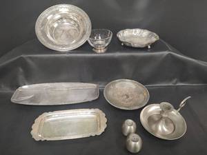 lot 358 image: Handcrafted Indian Silver, Metal Bowl, Glass Bowl with Silver Trim, Trays, Chamberlain Candleholder and Salt and Pepper Shakers