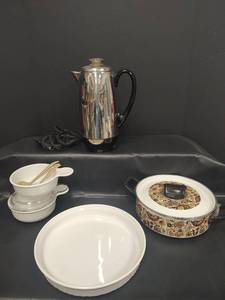 lot 382 image: Farberware Superfast Electric Coffee Percolator, Porcelain Baker with Lid, Quiche Dish and More