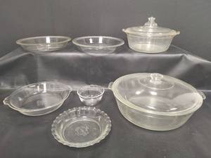 lot 384 image: Pyrex Glass Bakeware Collection, Casserole with Lid, Pie Plates and More