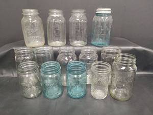 lot 411 image: Ball Mason Jar Collection, Various Sizes - Clear and Blue Glass