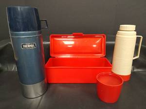 lot 418 image: Thermos Bottle and Vintage Alladin Thermos with Storage Container