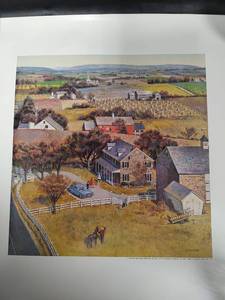lot 450 image: Vintage John Falter New England Countryside Insurance Advertisement Print, Artist Signed, 13.5 x 15