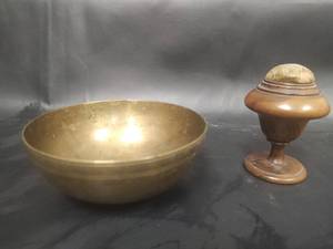 lot 474 image: Vintage Pin Cushion on Wooden Stand and Chinese Brass Bowl