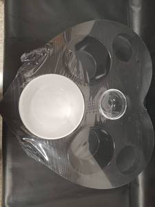 lot 496 image: NIP Glass Dish Set with Dipping Bowls with Wood Holder Appetizer Serving Holder