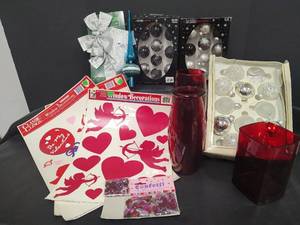 lot 554 image: Red Glass Vases, Holiday Christmas Ornaments and Valentine Window Decorations Bundle