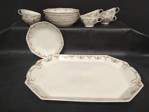 lot 555 image: Vintage Austrian Porcelain Large Platter with Bowls and Cups.  Pink and Gold Floral Border. Made in M&Z Austria with Ges. Geschutzt marking