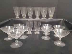 lot 560 image: Vintage Crystal Glassware Set with Etched Geometric and Floral Pattern, 8 Goblets and 8 Stemware