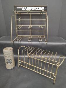 lot 562 image: Vintage Energizer Store Display Rack, Bell System Dry Cell Battery and Metal Record Holder