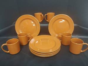 lot 567 image: Rosanna Italian Burnt Orange with Gold Trim Ceramic Dinnerware Set, Made in Italy, 12 Pieces