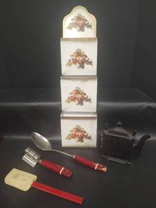 lot 568 image: Vintage Metal Letter Holder, Cast Iron Napkin Holder and Vtg Kitchen Utensils