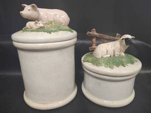 lot 571 image: Ceramic Farm Animal Canister Set with Pig and Sheep Lids, Cream Colored Glaze Finish