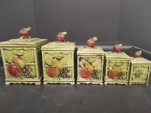 lot 575 image: Vintage Geo.Z. Lefton Ceramic Fruit Motif Canister Set with Lids