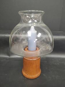 lot 577 image: Glass Hurricane Lantern with Genuine Teak Wood Base, Made in Thailand and Candle