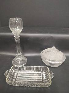lot 581 image: Vintage Ribbed Glassware Relish Dish, VTG Mikasa Candy Dish with Lid and Crystal Candle Holder