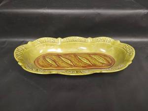 lot 586 image: Vintage Olive Green Ceramic Bread Tray with Raised Multilingual Text and Features, Made in USA, 2018
