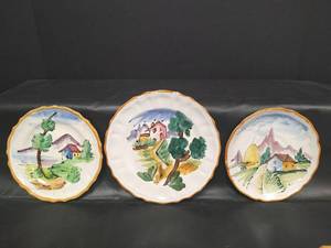 lot 593 image: Collectible Vintage Hand Painted Italian Pottery Featuring Countryside Landscaping, Marked and Numbered, 6.5 and 7.5 in diameter