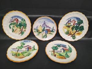 lot 594 image: Vintage Hand-Painted Italian Ceramic Plates with Countryside Houses and Landscapes. Signed. 6.5 and 7.5 diameter