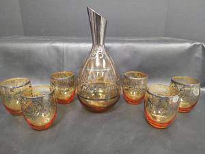 lot 595 image: Vintage Venetian Amber Glass Barware, Decanter and Glasses with Silver Overlay and Metallic Silver Trim, 9.5 Tall Decanter