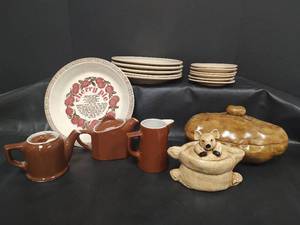 lot 597 image: Vintage Brown Hall Mini Single Serve Tea Pots with Lids and Creamer, Stamped, VTG Glo Tan Carr China Plates and Saucers and More