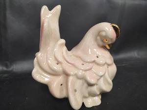 lot 601 image: Vintage Ceramic Hen Hat Pin Holder, Cream with Pink Glaze and Gold Accents, Signed