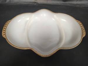 lot 602 image: Vtg Fire King White Milk Glass Divided Serving Dish with Gold Trim, 11 x 7.5, Oven safe