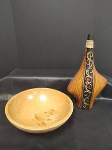 lot 605 image: Wooden Decorative Vase with Carved Scrollwork and Large Wooden Bowl