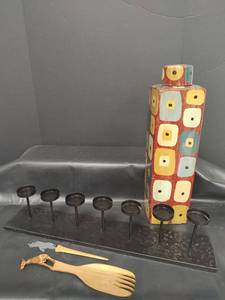 lot 606 image: Ceramic Geometric Vase with Lid, Metal Candle Holder and Wooden Safari Animal Utensils