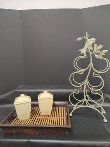 lot 609 image: Metal Sage Green Wine Rack, Bamboo Tray 15.5 x 14 and Ceramic Light Sage Green Candles Holders with Lids