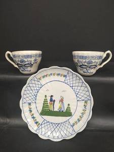 lot 616 image: VTG Henriot Quimper France Style Plate 8 inch, Handpainted and VTG Blue Onion Cups with Scalloped Swirled Rim
