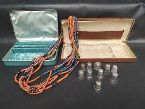 lot 617 image: Jewelry Boxes, Wood Bead Necklace and Assorted Thimbles