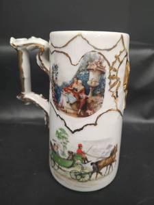 lot 618 image: Vintage Ceramic Bavarian Capodimonte Porcelain Mug with Classical Figures and Gold Trim, Signed by Winona Hearly