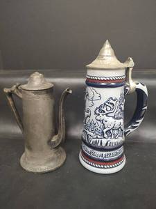 lot 619 image: VTG Avon Stein Handcrafted in Brazil for Avon, 1976, Numbered and VTG Pewter Coffee Pot