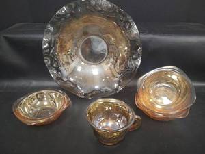 lot 627 image: Vintage Jeanette Carnival Glass Scalloped Edge Bowl,  Three Dessert Berry Bowls 4.5 and VTG Indiana Carnival Glass Cup