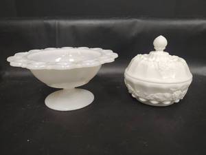 lot 631 image: VTG White Milk Glass Compote Bowl and Covered Candy Dish Set