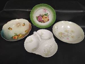 lot 634 image: Vintage German Hand-Painted Porcelain Bowls, Candy Dish and Plate with Floral Designs