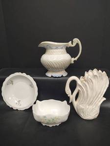 lot 635 image: Decorative White Ceramic Pitcher, Porcelain Swan, Ceramic Bowl and Candy Dish Planter