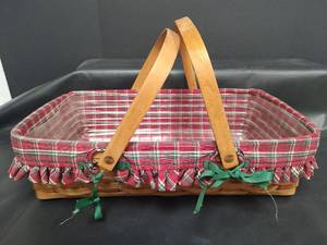 lot 636 image: 1992 Longaberger Handwoven Basket with Red Plaid and Plastic Liner and Handles