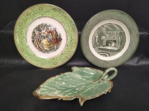 lot 639 image: Vintage Imperial Salem Plate with 23K Good Trim, Colonial Homestead by Royal circa 1950 and Leaf with Handle Candy Dish