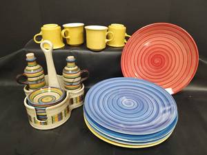 lot 642 image: Swirl Hand Painted Collection Colorful Striped Dinnerware 5 Plates, Ceramic Bread Dipping Vinegar and Oil Caddy and Coffee Cups